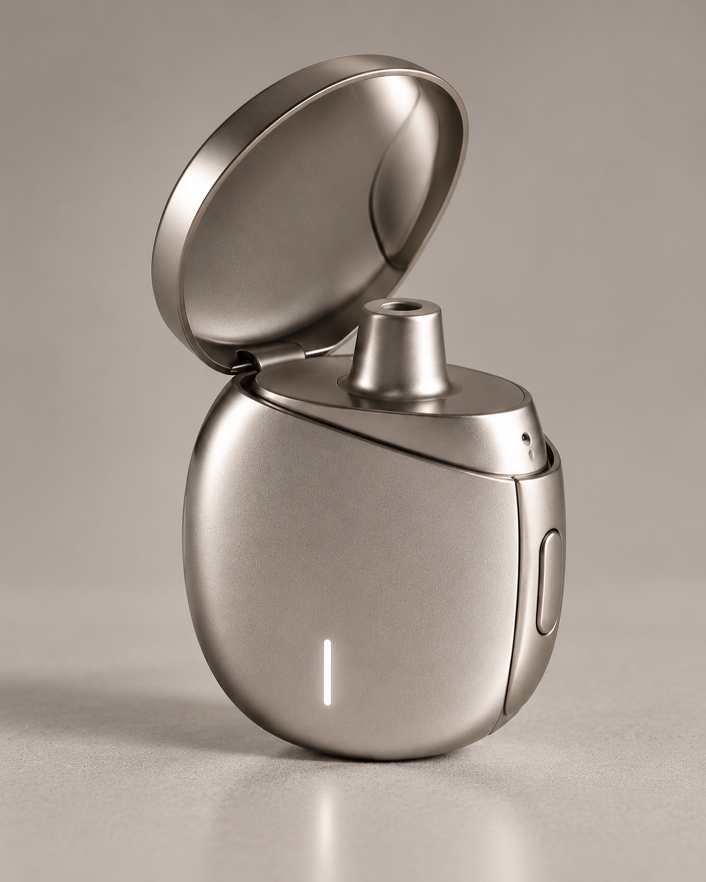Concept render of the rounded compact nasal device, lid open, nozzle visible