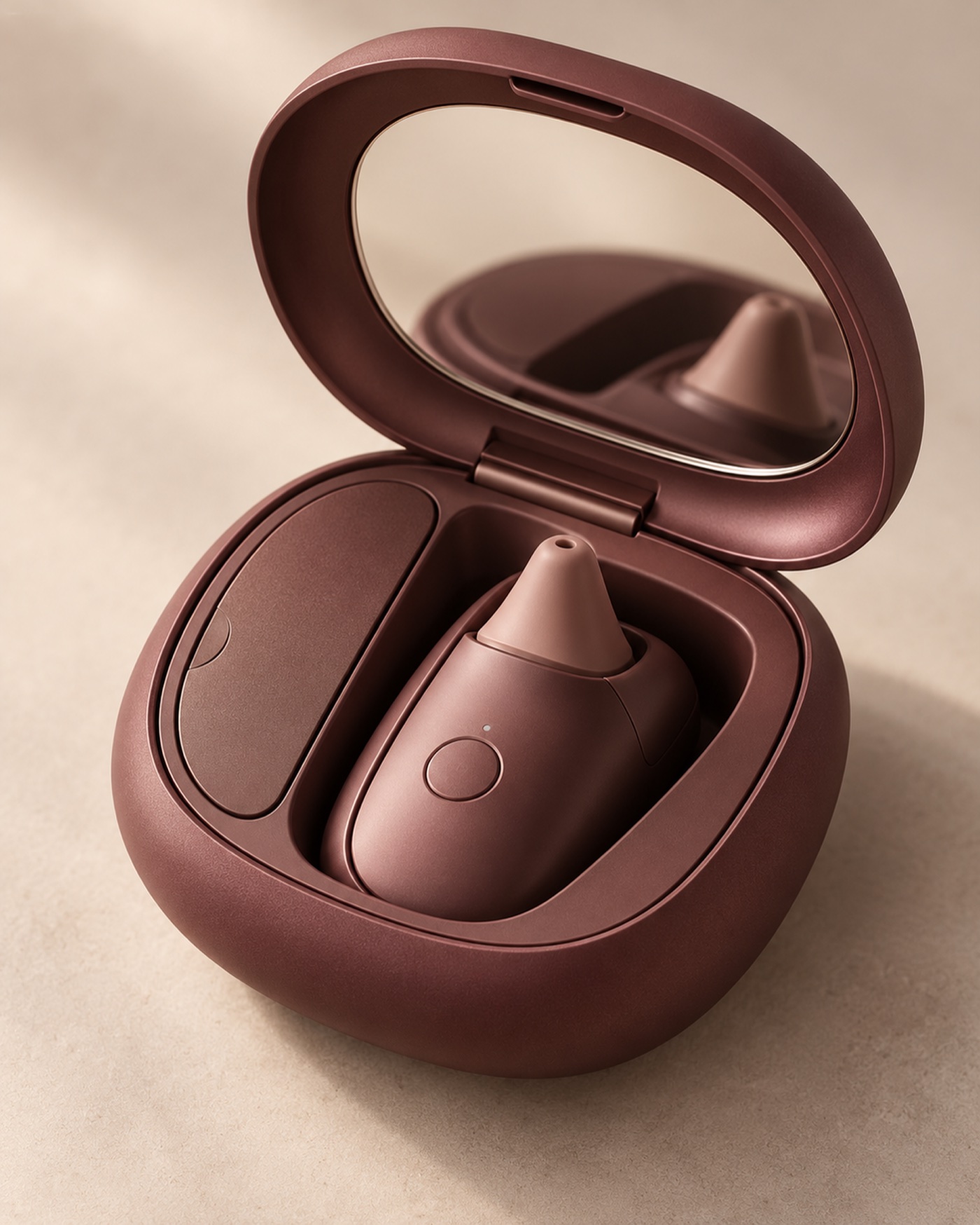 Concept render of a terracotta carrying case, open, with a nasal device inside